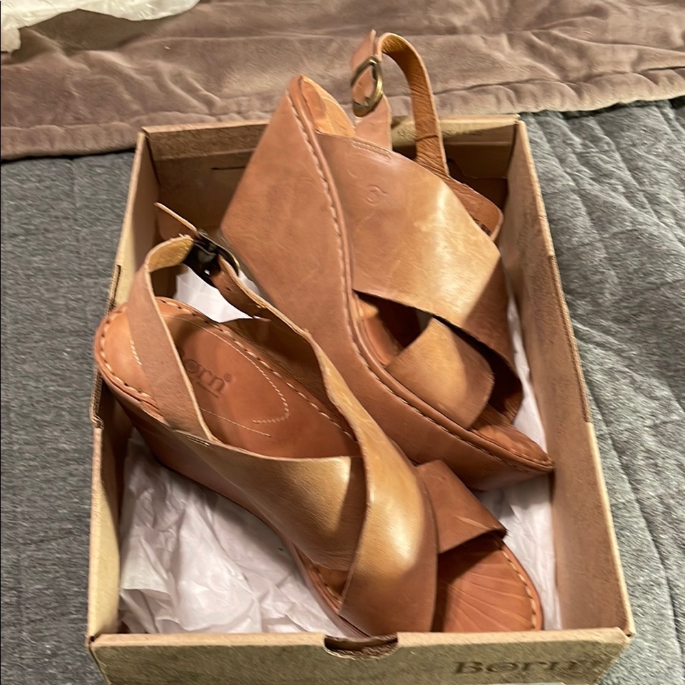 Born Tan Leather Wedge Sandals with Crisscross Straps